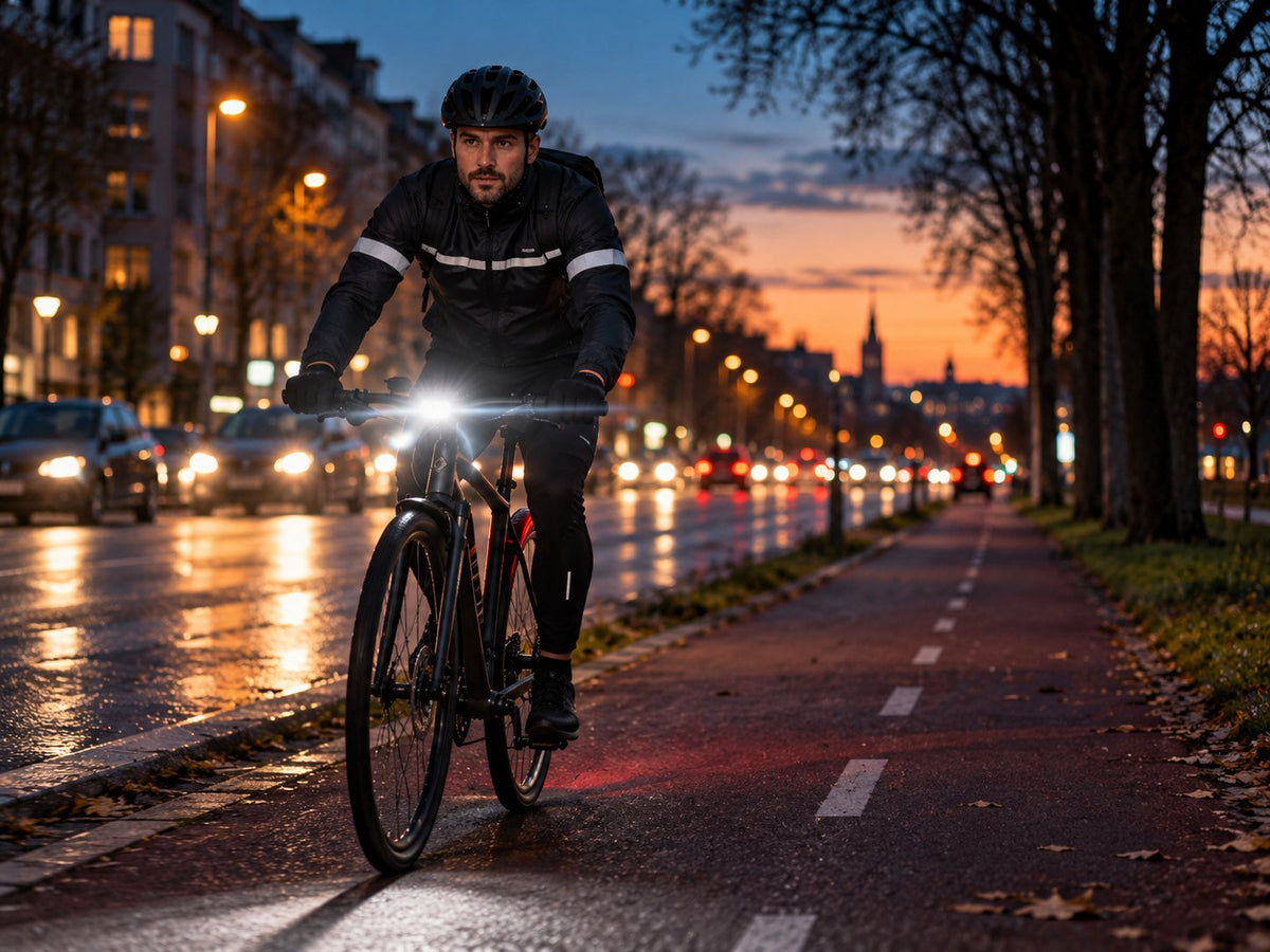 Radfahrer mit Helm, Reflexjacke und eingeschaltetem Frontlicht auf einem Radweg in der Abenddämmerung neben einer nassen Stadtstraße