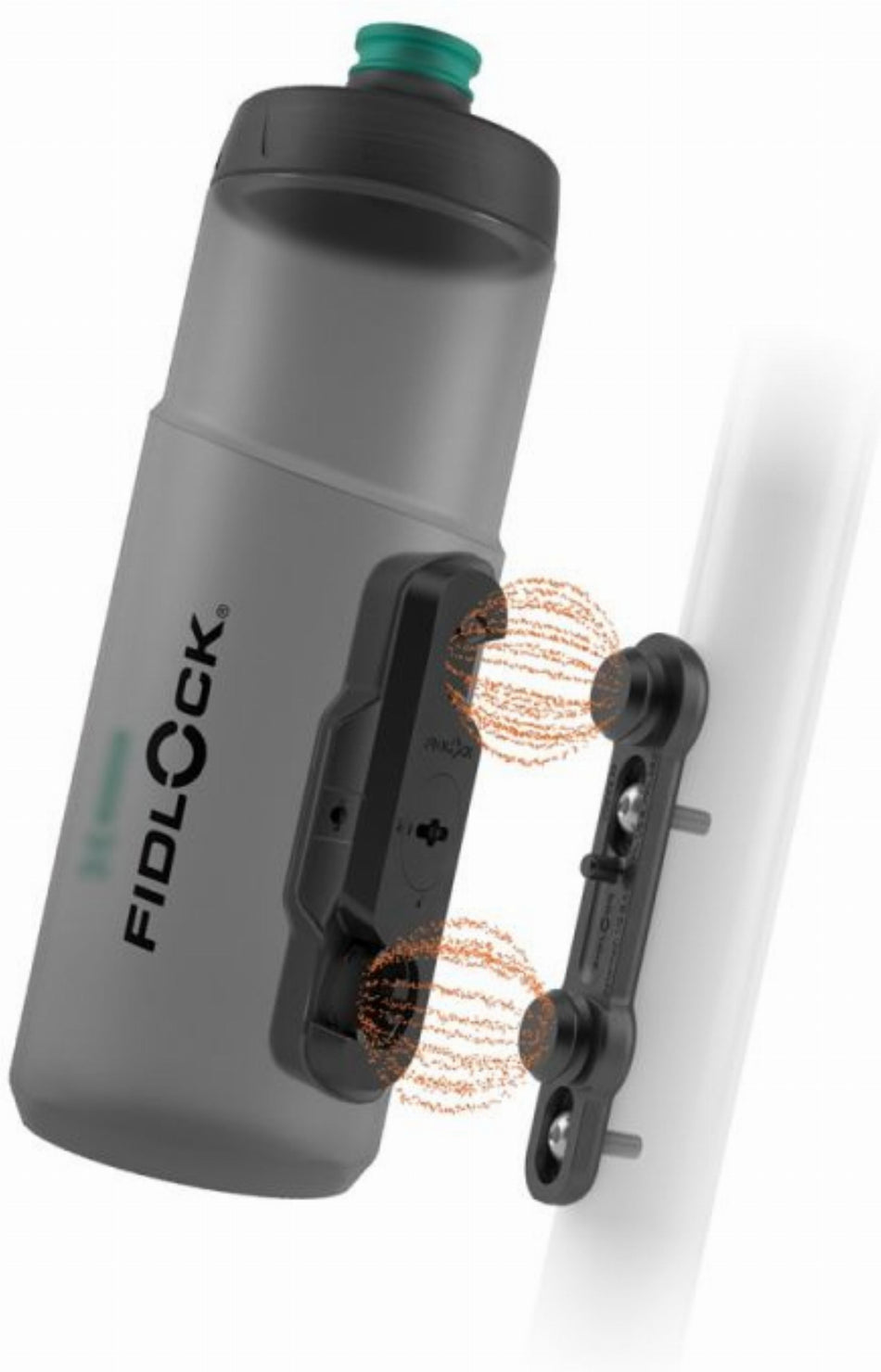 Fidlock Twist Antibacterial Trinkflasche inkl. magnet-mechanischem Flaschenhaltersystem für Fahrradrahmen transparent schwarz/hellgrüne Staubkappe