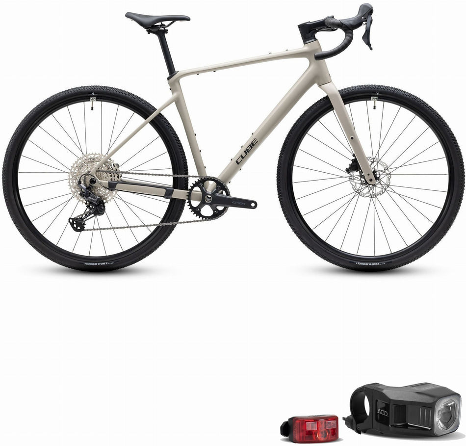 Cube Nuroad EX Gravelbike Diamant oatgrey´n´black inkl. ACID Beleuchtungsset Pro 100 Lux