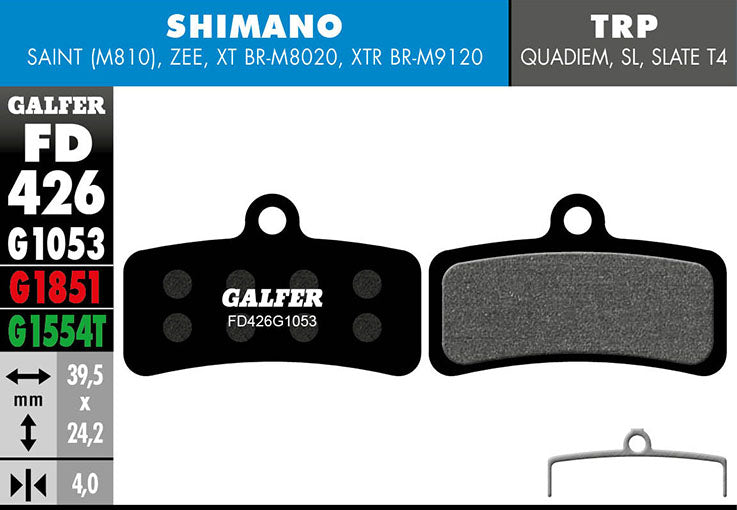 Galfer Bremsbelag Performance Shimano 4-Kolben: Saint, Zee, XTR, XT, SLX, Deore 39,5 x 24,2 x 4 mm 1 Paar schwarz