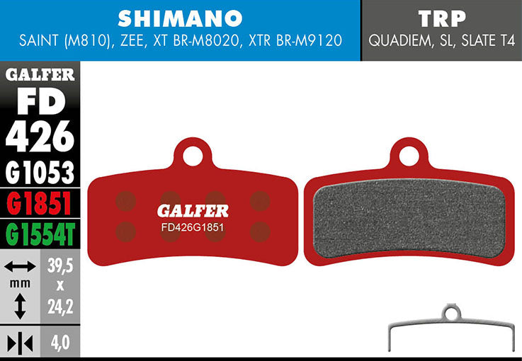 Galfer Bremsbelag Advanced Shimano 4-Kolben: Saint, Zee, XTR, XT, SLX, Deore 39,5 x 24,2 x 4 mm 1 Paar rot