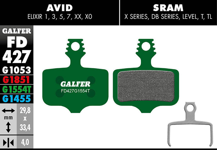 Galfer Bremsbelag Pro SRAM XX, X0, X7, X9, DB, Level, T, TL, Red/Rival AXS 29,8 x 33,4 x 4 mm 1 Paar grün