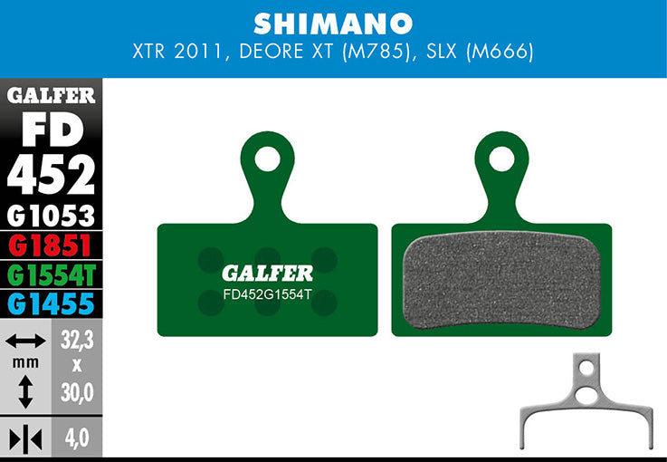 Galfer Bremsbelag Pro Shimano - XTR 2011 BR-M985, Deore XT BR-M785, SLX M666 32,3 x 30 x 4 mm 1 Paar grün
