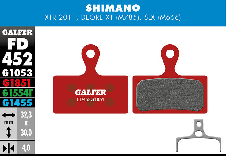 Galfer Bremsbelag Advanced Shimano – XTR 2011 BR-M985, Deore XT BR-M785, SLX M6 32,3 x 30 x 4 mm 1 Paar rot