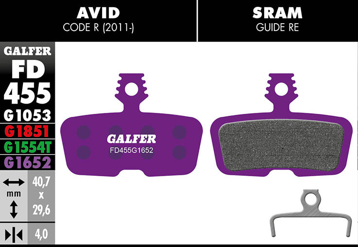 Galfer E-Bike Bremsbelag SRAM Code R 2011, RSC, Guide RE, DB8, G2 RE 40,7 x 29,6 mm 1 Paar violett