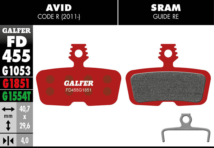 Galfer Bremsbelag Advanced SRAM Code R 2011, RSC, Guide RE, DB8, G2 RE 40,7 x 29,6 mm 1 Paar rot