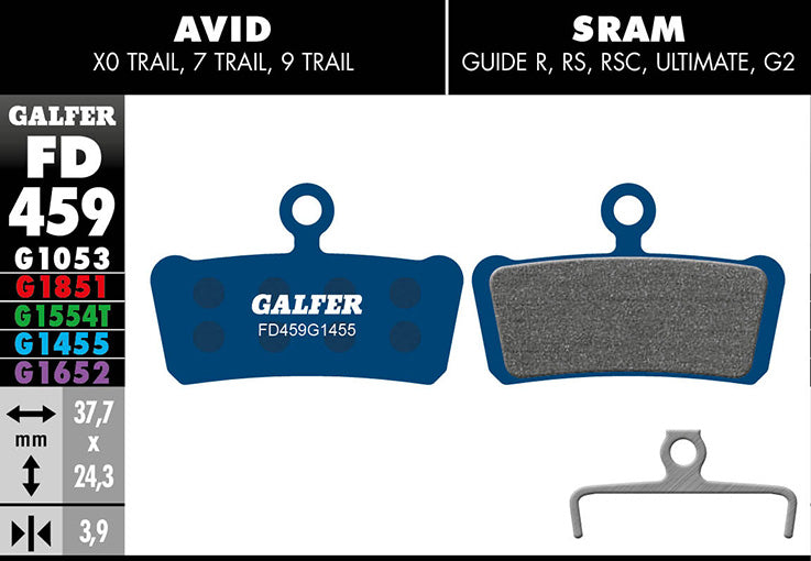 Galfer Bremsbelag Road AVID – X0/ 7/ 9 Trail, SRAM Guide, Trickstuff C42 37,7 x 24,3 x 3,9 mm 1 Paar blau