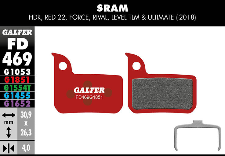 Galfer Bremsbelag Advanced SRAM HRD, Red/ Force/ Rival 22, CX1, Apex 1, Level. 30,9 x 26,3 x 4 mm 1 Paar rot