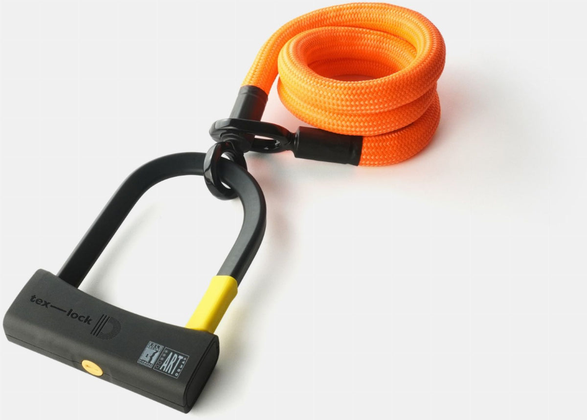 tex-lock eyelet Textilschloss mit Ösen inkl. D-lock Bundle Bügelschloss - acid orange / 120 cm