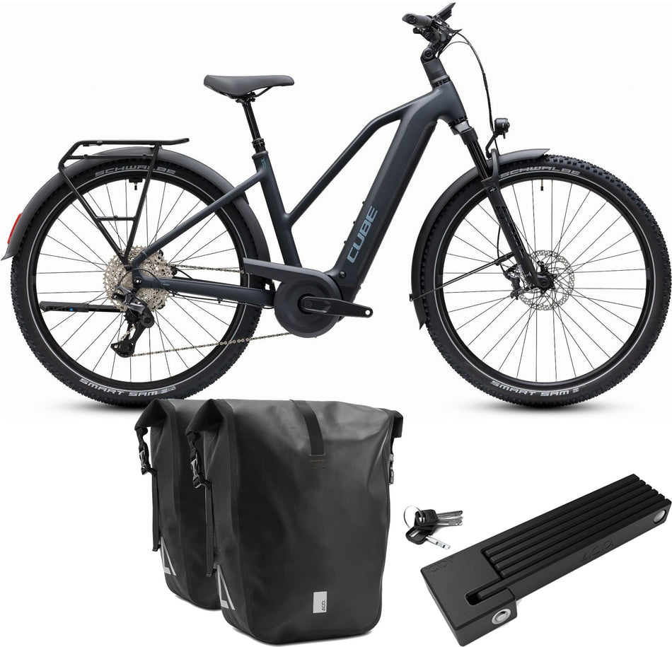 Cube Nuride Hybrid EXC 800 Wh E-Trekkingbike Trapeze 28" coal´n´chrome inkl. ACID Faltschloss RIGID 90 + ACID Seitentaschen Pure CILink