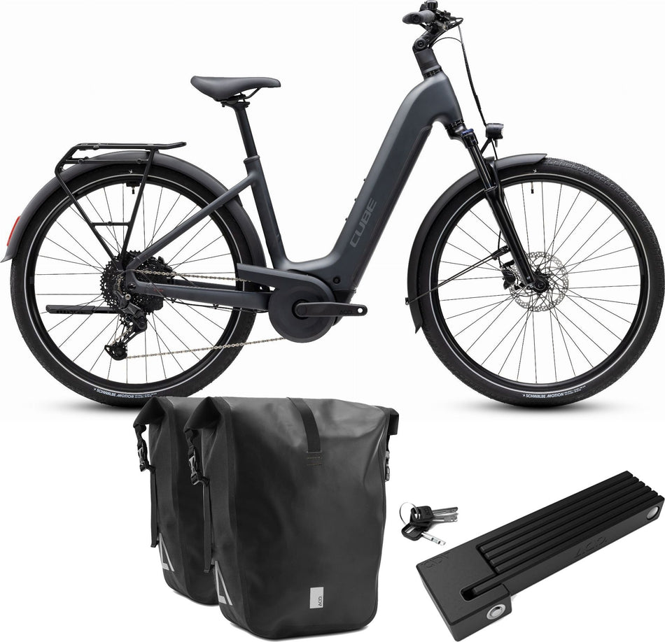 Cube Touring Hybrid ONE 600 Wh E-Trekkingbike Easy Entry 28" grey´n´coolgrey inkl. ACID Faltschloss RIGID 90 + ACID Seitentaschen Pure CILink