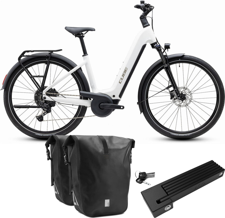 Cube Touring Hybrid ONE 600 Wh E-Trekkingbike Easy Entry 28" metallicwhite´n´chrome inkl. ACID Faltschloss RIGID 90 + ACID Seitentaschen Pure CILink