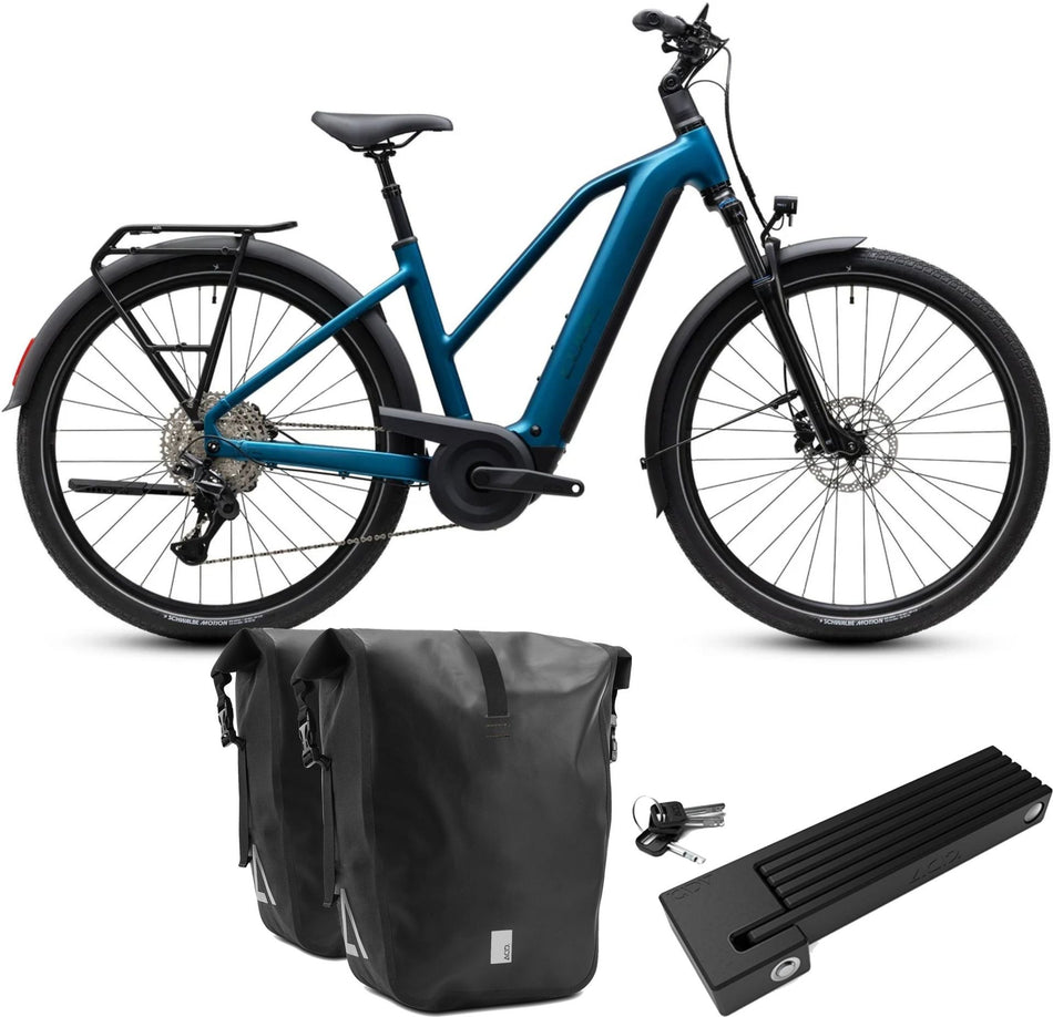Cube Touring Hybrid Pro 800 Wh E-Trekkingbike Trapeze 28" electricblue´n´prizm inkl. ACID Faltschloss RIGID 90 + ACID Seitentaschen Pure CILink