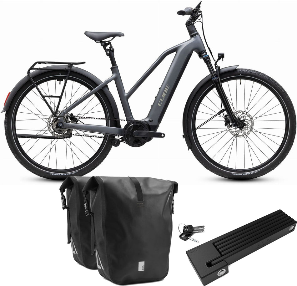 Cube Touring Hybrid Deluxe SLX 800 Wh E-Trekkingbike Trapeze 28" slabgrey´n´chrome inkl. ACID Faltschloss RIGID 90 + ACID Seitentaschen Pure CILink