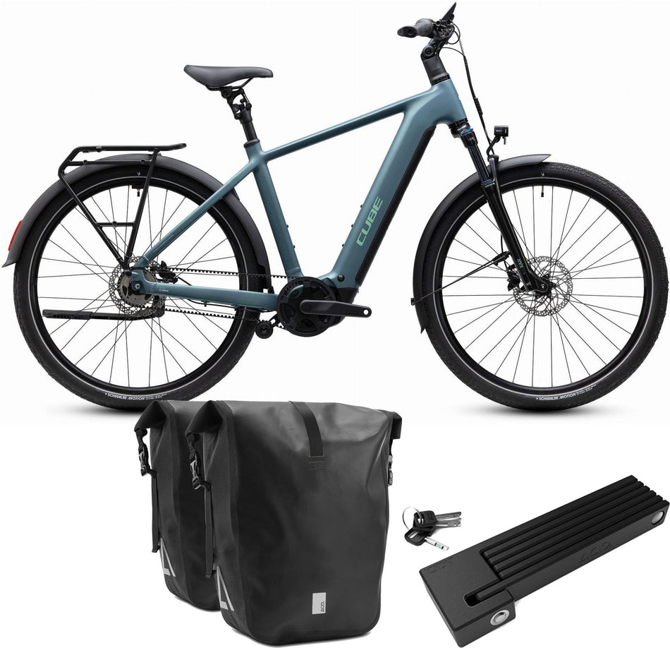 Cube Touring Hybrid Deluxe SLX 800 Wh E-Trekkingbike Diamant 28" greengranit´n´green inkl. ACID Faltschloss RIGID 90 + ACID Seitentaschen Pure CILink