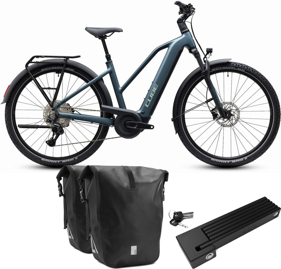 Cube Nuride Hybrid Pro 800 Wh E-Trekkingbike Trapeze 28" deepteal´n´blue inkl. ACID Faltschloss RIGID 90 + ACID Seitentaschen Pure CILink