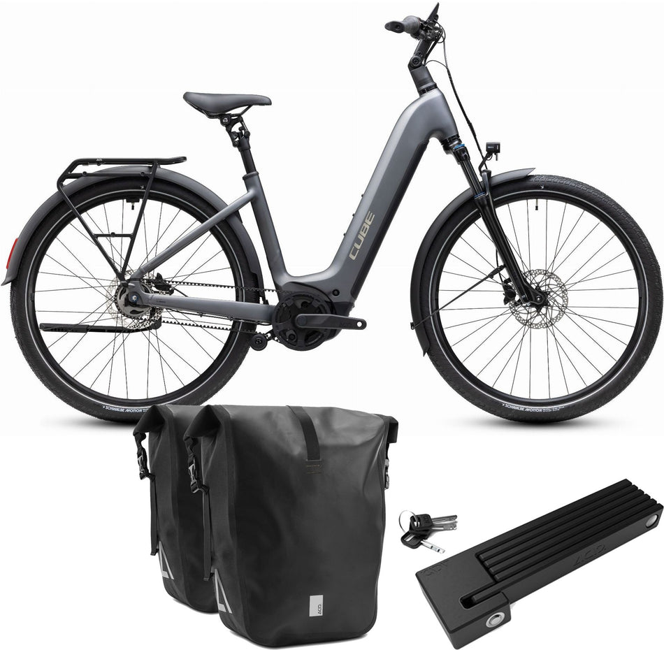 Cube Touring Hybrid Deluxe SLX 800 Wh E-Trekkingbike Easy Entry 28" slabgrey´n´chrome inkl. ACID Faltschloss RIGID 90 + ACID Seitentaschen Pure CILink