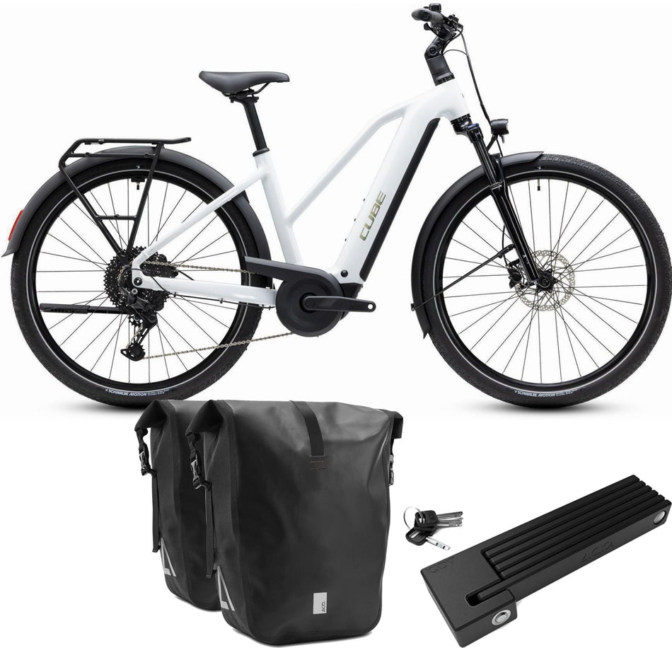 Cube Touring Hybrid ONE 600 Wh E-Trekkingbike Trapeze 28" metallicwhite´n´chrome inkl. ACID Faltschloss RIGID 90 + ACID Seitentaschen Pure CILink