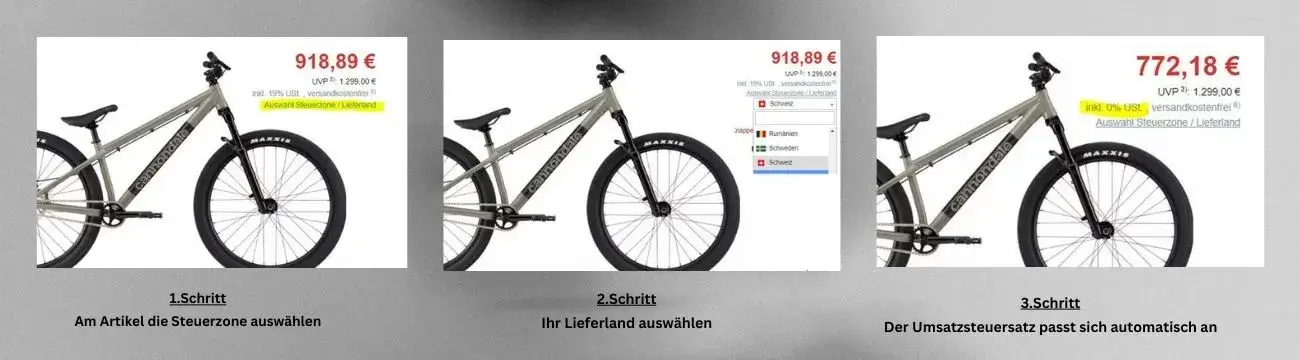 3 Schritte zum kostenlosen Versand auf der Produktseite in die Schweiz